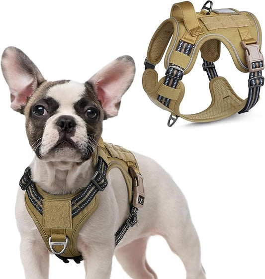 rabbitgoo Tactical Dog Harness for Small Dogs, No Pull Military Service Vest with Handle & Molle, Easy Control for Training Walking, Adjustable Reflective Straps, Brown, S