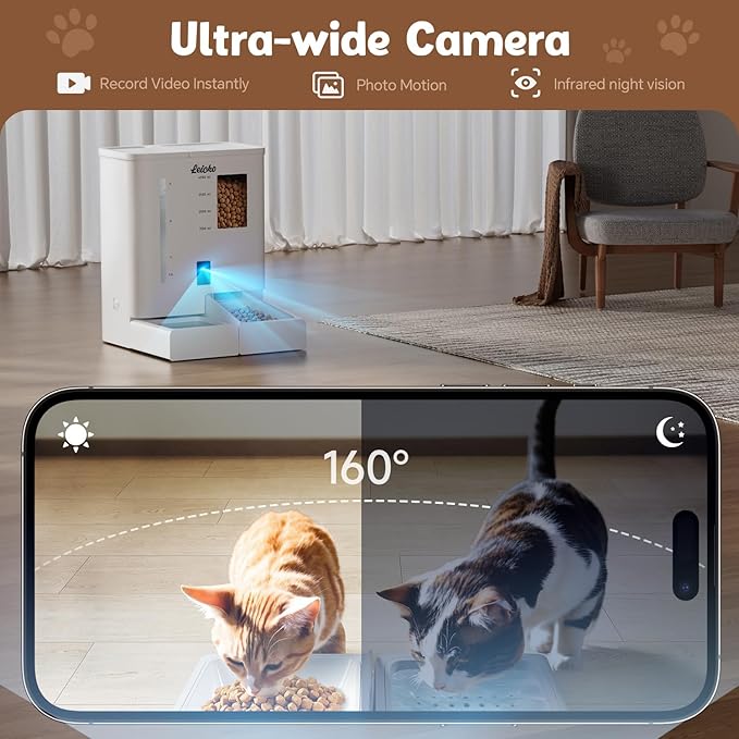 Automatic Cat Feeder with Camera,5G/2.4G WiFi Pet Feeder,2K HD Video and Night Vision,Easy APP Operation,Low Food and Food Clogging APP Tips,Water and Grain Large Capacity Feeder