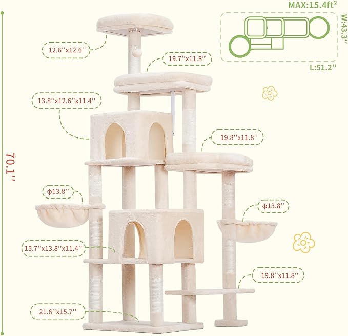Hey-brother Cat Tree Tower, Scratching Posts with a Extended Part, Wide Platforms, Cozy Condos, Hammocks, Sisal Columns and Ball for Indoor Cats, 70.1 Inches, Beige MPJ038M