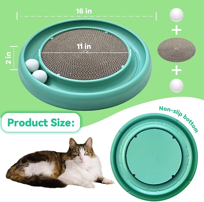 Interactive Cat Ball Track Toy for Indoor Cats, Cat Scratching Board & Exercise Set for Bored Indoor Adult and Kitten Mental & Physical Stimulation, with Spare Ball to Prevent Loss (Green)