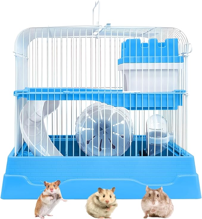 PINVNBY 2-Tier Dwarf Hamster Cage, Travel Portable Mouse Cage Gerbil Cages and Habitats Small Animal Carrier with Castle House Running Exercise Wheels, Water Bottle and Food Dish(Gray)