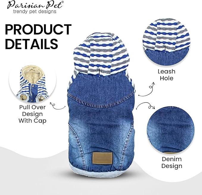 Parisian Pet Basic Dog Hoodie - Lightweight Denim Striped Sweatshirt - Pullover with Leash Hole and Pockets - Blue Cotton Dog Clothes - 2XL