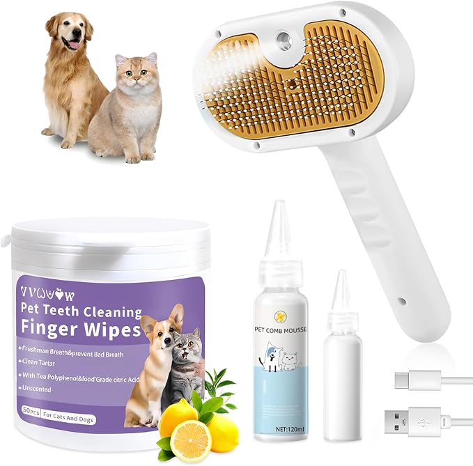 Pet Steam Brush for Dog & Cat – 3-in-1 Spray Hair Removal Comb – Steam Brush for Shedding & Grooming – Spritz Defur Comb – Includes Waterless Shampoo & Dental Wipes