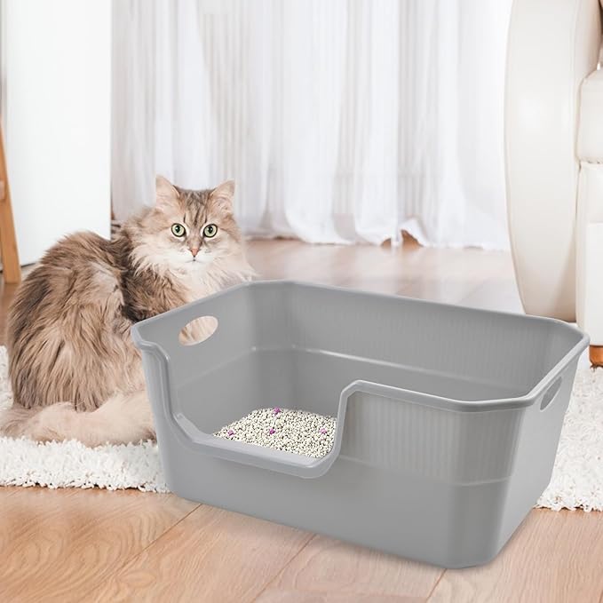 Large Open Cat Litter Box Low Entry,High Sided Cat Litter Pan Anti-Splashing Plastic Kitty Box Grey Kitten Pan with High Wall Easy Clean