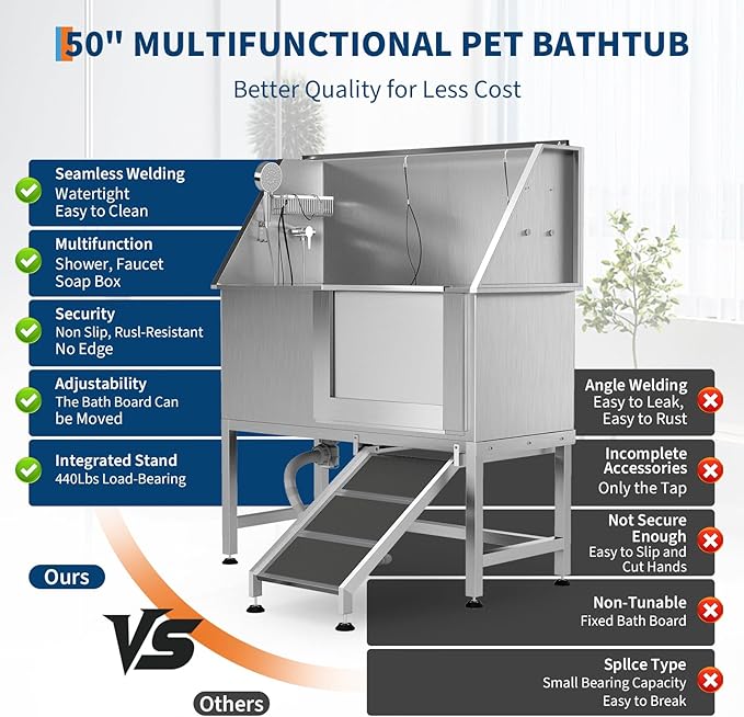 50" Stainless Steel Professional Dog Washing Station - Pet Bathing Tub w/Non-Slip Ramps | Slip-Resistant Floor Grate | for Large/Medium/Small Dogs
