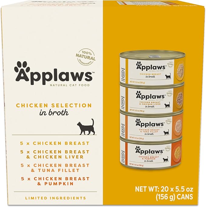 Applaws Natural Wet Cat Food in Broth, Limited Ingredient Canned Wet Cat Food, No Additives, Made with Natural Ingredients, Chicken Selection in Broth Cans (20 x 5.5 oz Cans)