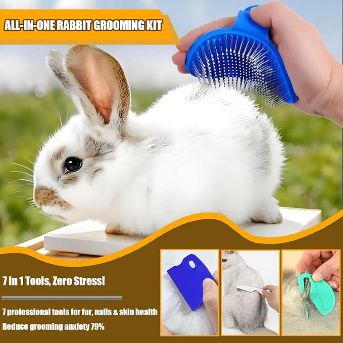 Rabbit Grooming Kit – Bunny Grooming Kit with Shedding Brush, Nail Clippers & Comb – Small Animal Grooming Supplies for Rabbits, Guinea Pigs, Hamsters, Ferrets - Small Pet Shedding & Care (Blue)