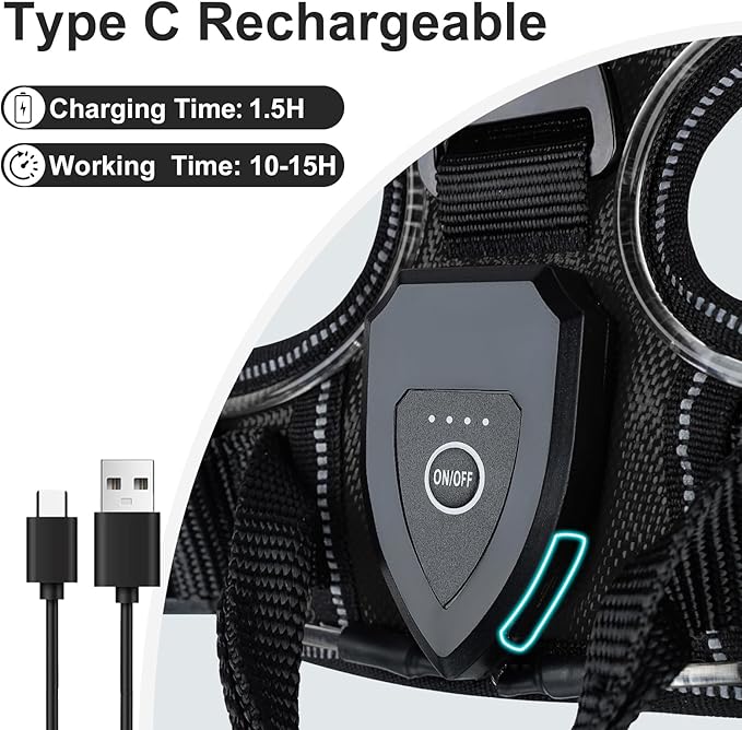 Taglory Light Up Dog Harness, Rechargeable No Pull Dog Vest with 3 Lightning Modes, Reflective Dog Harness with 2 Leash Clips & 4 Adjustable Slide Strips for Small Dogs, Black-Blue, S