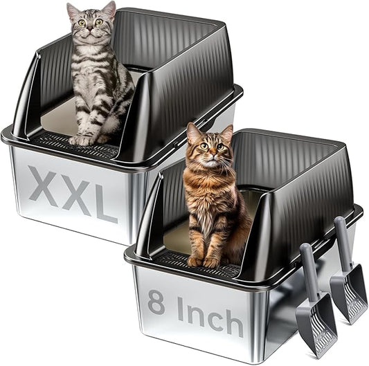 Tripamin 2PACK Stainless Steel Litter Box, 8" Metal Litter Boxs with Lid High Sides, XL Extra Large Litter Box for Big Cats, Leak-Proof, Easy Cleaning, Non-Sticky(Translucent Black)