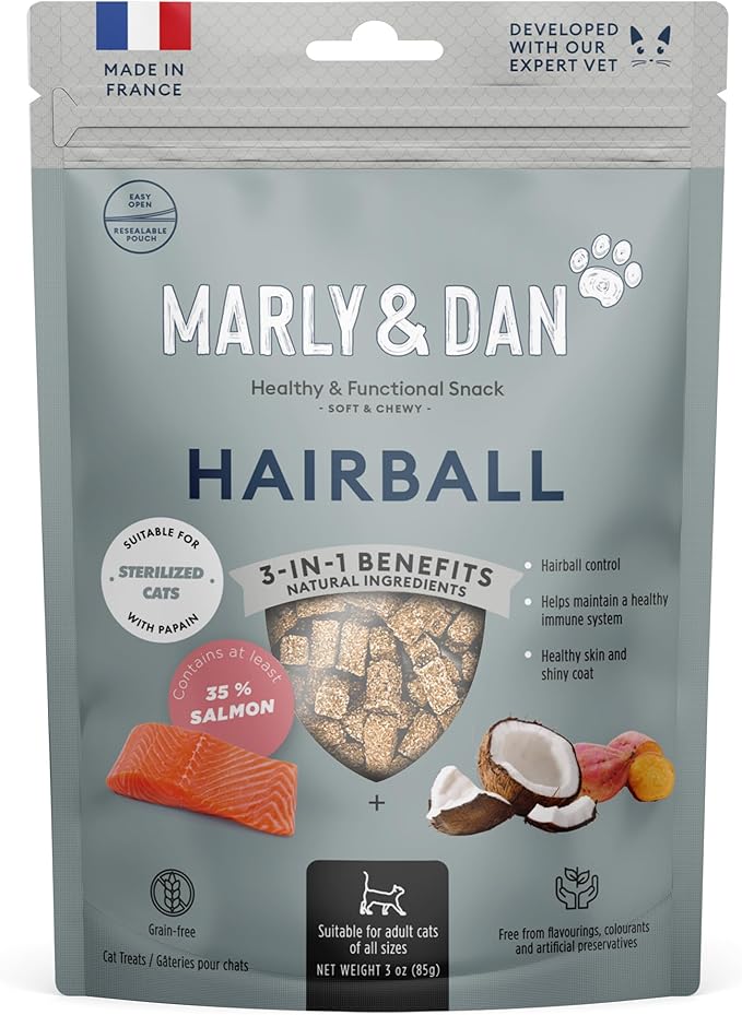 Marly & Dan Salmon Treats for Cats with Brewers Yeast & Coconut, Hairball Recipe, 3-oz Bag
