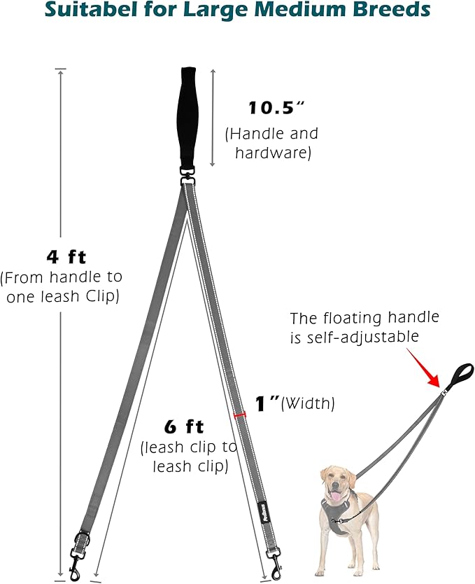 PetBonus Two Point Control Dog Leash, Works with No Pull Harnesses, No Tangle Dog Training Leashes, No Pull Padded and Reflective Walking Lead, Converts to Single Leash for Medium Large Dogs (Grey)