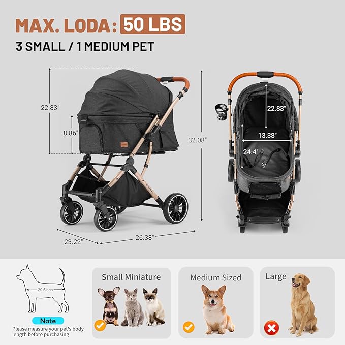 EchoSmile Small Medium Dogs Stroller 4-Wheel Pet Strollers for Medium Dogs Up to 50lbs, One Click Folding Large Cat Stroller, Reversible Handle, Shock Absorbing Wheels, Removable Washable Pad