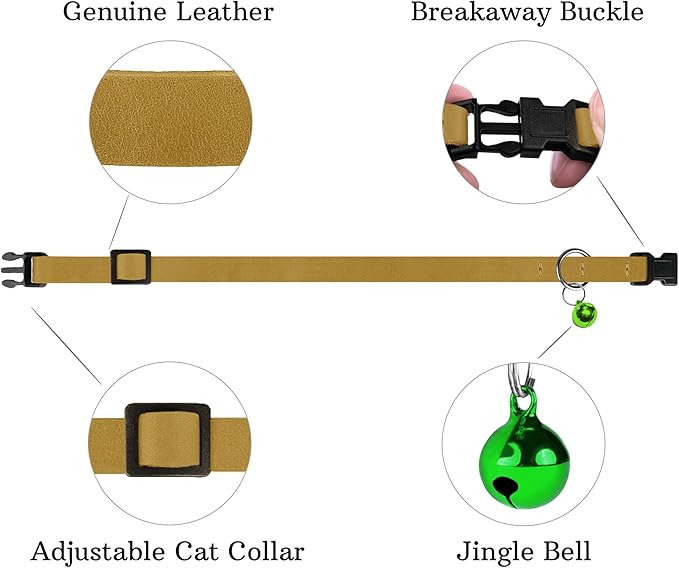 Breakaway Cat Collar Leather with Removable Bell - 13 Colors Available - Soft Adjustable Girl Boy Safety Lightweight Pet Kitten Collars Pink Brown Blue Green Red Orange Black (Mustard)