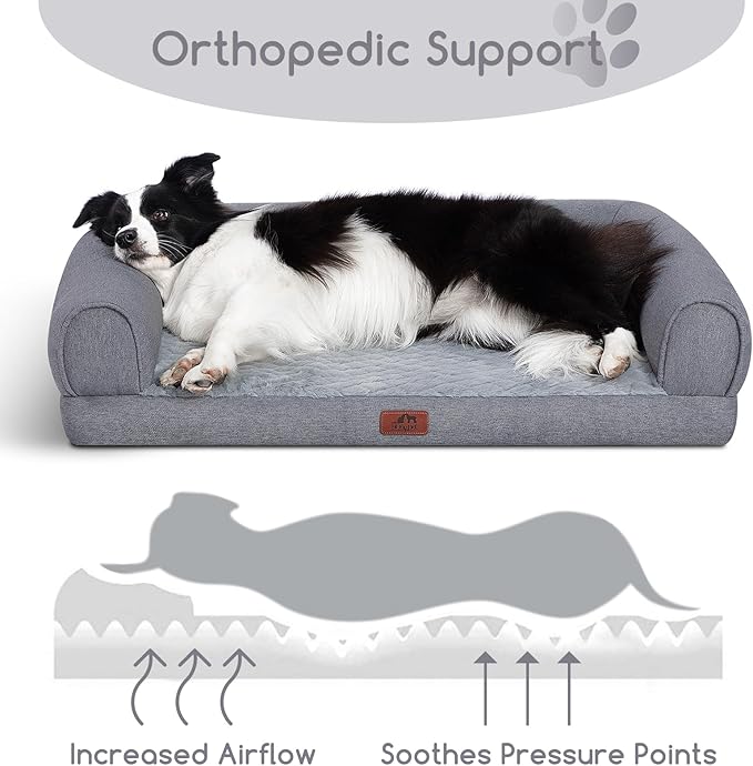 Hollypet Orthopedic Dog Bed for Large Dogs, Supportive Foam Pet Couch with Removable Washable Cover and Non-Slip Bottom, Waterproof Lining Dog Sofa Bed, Gray, L (36 * 26 * 8)