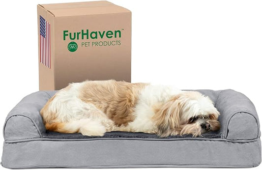 Furhaven Cooling Gel Dog Bed for Medium/Small Dogs w/ Removable Bolsters & Washable Cover, For Dogs Up to 35 lbs - Plush & Suede Sofa - Gray, Medium