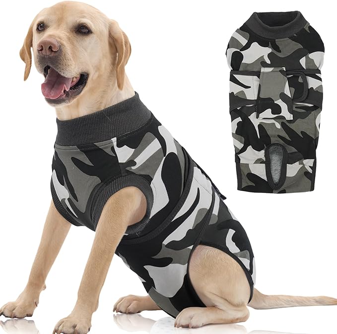 FUAMEY Dog Recovery Suit Male,Dogs Surgery Neuter Suits Puppy Spay Shirts for Female Protect Dog's Skin Anti Licking Abdominal Wounds Doggie Onesie Pet Bodysuit Alternative to Cone Grey Camouflage XXL
