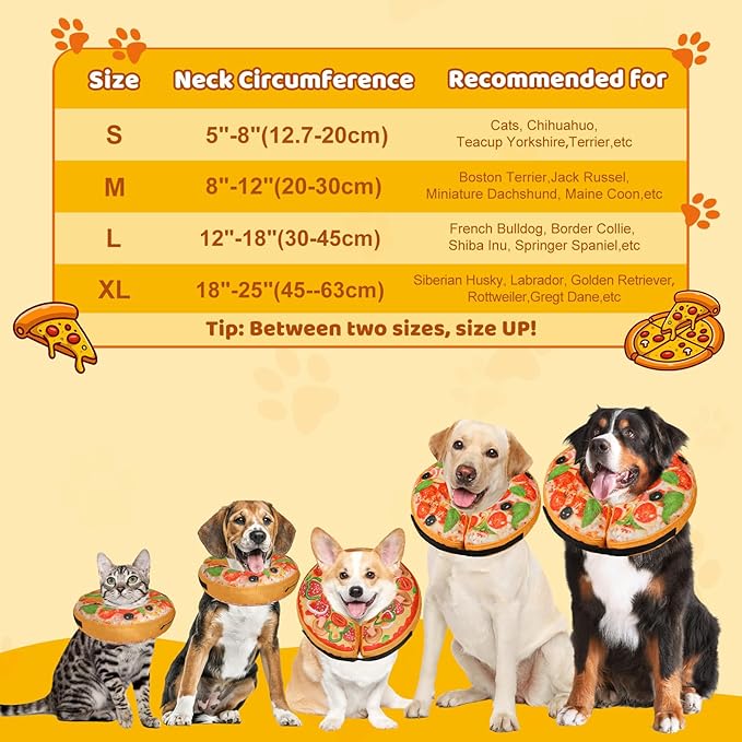 Grand Line Pizza Inflatable Collar for Dog and Cat, Soft Protective Recovery Cone After Surgery, Blow up Pet Donut Collar Cone, E-Collar Alternative Does not Block Vision (Cartoon, Large)