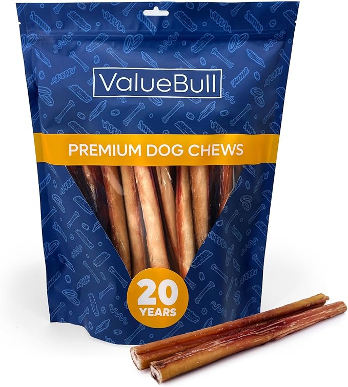 ValueBull Bully Sticks for Large Dogs, Jumbo 12 Inch, 25 Count - All Natural, Grass Fed, Single Ingredient, Long Lasting Dog Treats for Aggressive Chewers