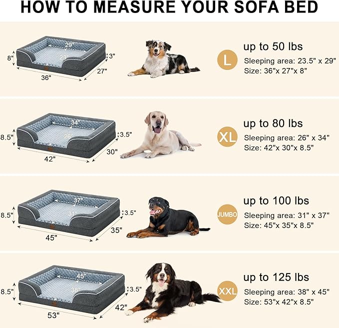 Orthopedic XL Dog Bed for Extra Large Dogs, Waterproof Memory Foam Dog Beds with Sides, Non-Slip Bottom and Egg-Crate Foam Big Dog Couch Bed with Removable Washable Cover(X-Large,Dark Grey)