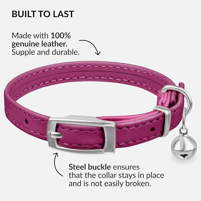 CollarDirect Leather Cat Collar with Bell - Kitten Collar, Small and Big Cat Strap for Boy Cats, Girl Cats with Safety Elastic Strap (Neck Fit 8"-11", Pink)