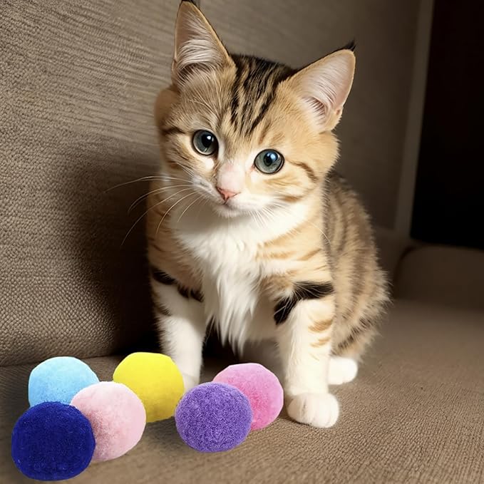 Cat Toy Balls, 30Pcs Premium Soft Pom Pom Balls for Kittens, 1,2'' Funny Interactive Cat Pompom Toys for Bored Indoor Cats Playing Plush Balls for Craft DIY Decorations,Cute Kitten Kitty Toys.