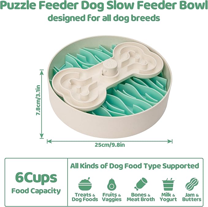 Slow Feeder Dog Bowl for Large Dogs with Non-Slip Base - Adjustable Speed Design, Removable Puzzle Inserts & Dishwasher Safe, Green