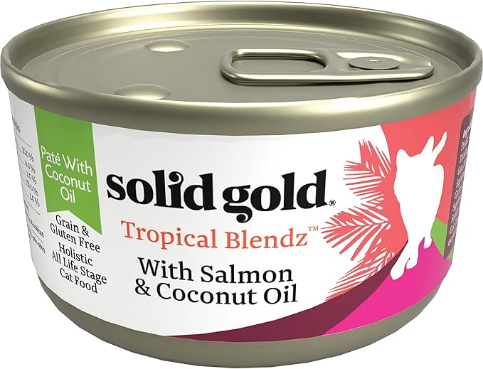 Solid Gold Wet Cat Food Pate in Coconut Oil - Healthy Canned Cat Food Pate w/Real Salmon, Omega Fatty Acids, Vitamins & Minerals - Grain Free & Gluten Free Canned Meals for Cats & Kittens - 24ct/3oz