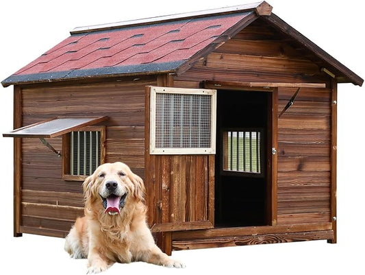 Dog House Outdoor,Solid Pine Wood Large Dog House for Big Breed,Weatherproof Dog Houses Outside with Door,Adjust Windows,Warm Dog Kennel for Outside