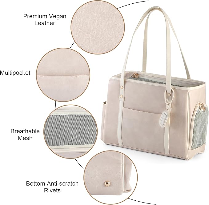 Fashion Dog Carrier Purse, Premium Leather Cat Carrier Bag, Airline Approved Soft Sided Pet Travel Tote Bag with Pockets Beige