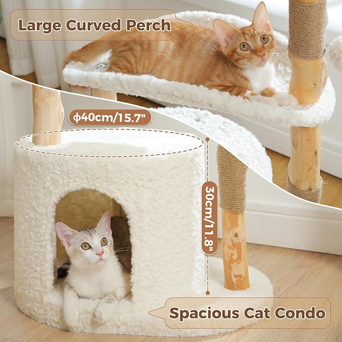 PAWZ Road Cat Tree for Indoor Cats Large Adults,38 Inches Modern Cat Tree Tower with Spacious Wicker Basket,Natural Solid Wood Scratching Posts,Curved Bed,Luxury Cat Condo for Large Cat