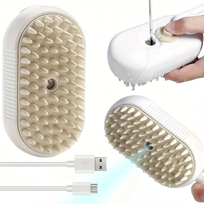 Cat Steam Brush for Shedding, 4 in 1 Cat Steam Brush for Massaging and Cleaning Shedding Pets, Anti Static Pet Hair Cleaning Comb, for Long and Short Hair Cats and Dogs Grooming Tool (White)
