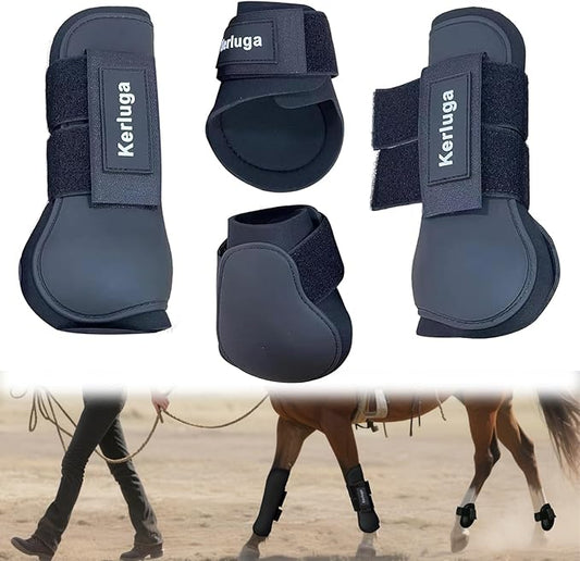 Horse Boots Set of 4 Open Front & Fetlock Tendon Boot for Horses Professional Sport Protection Impact-Absorbing Equine Leg Support Wraps for Jumping, Riding, Training (Black, Full)