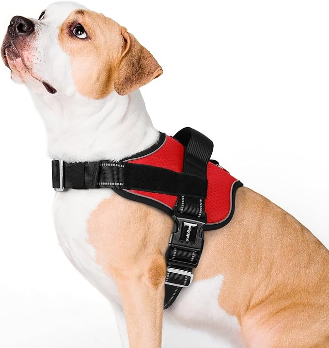 rabbitgoo Dog Harness for Large, Easy On Pet Vest with One Buckle, No Pull Adjustable Service Harness with D-Ring & Handle, Reflective for Safety Walking, Training, Red, L