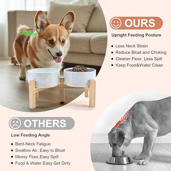 SPUNKYJUNKY Elevated Dog Bowls Ceramic, 6.1'' Dogs and Cat Food Water Bowls Raised with Non-Slip Bamboo Stand for Medium Sized Breed Microwave Dishwasher Safe - 28.7 OZ,Paw White