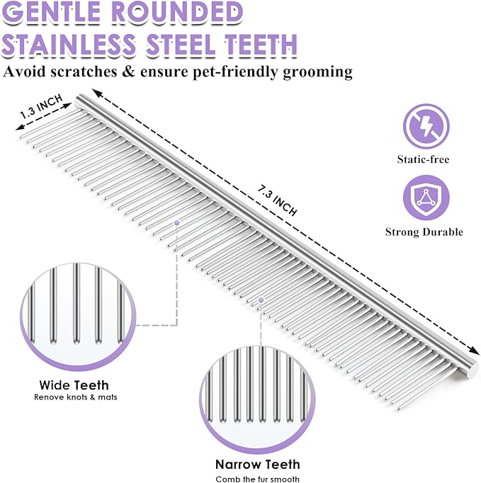 Large Slicker Brush for Dogs - 3PC Pet Grooming Kit - Undercoat Rake & Stainless Comb | Long Pins Remove Mats on Poodles, Golden, Labradoodles | Thick Coat Deshedder for Dogs, Cats, Purple