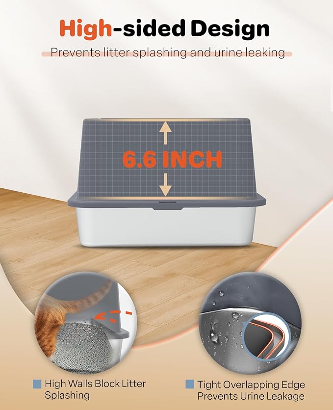 Stainless Steel Litter Box with Lid, 23.5" L x 15.8" W x 10.5" H, Large Metal Cat Box for Big Cats, High Sided Kitty Litter Box with Scoop & Pee Pads, Non-Sticky, Anti-Leakage, Easy to Clean (Gray)