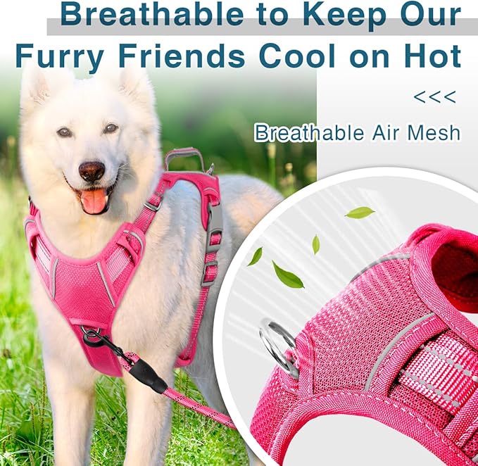 BARKBAY Dog Harness No Pull with ID Tag Pocket - Heavy Duty, Reflective, Easy Control for Large Dogs(Pink,XL)