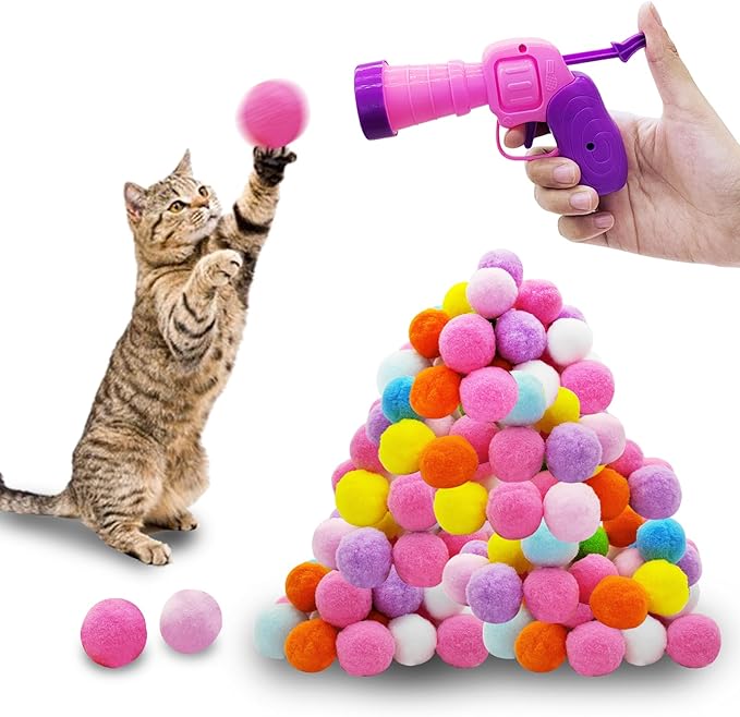 Andiker Plush Pom Pom Balls Set - Interactive Cat Toy (30pcs - Pink: 100balls, Launcher Set)