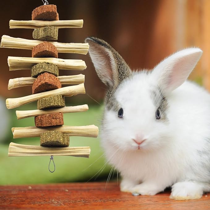 kathson 4 Pcs Bunny Chew Toys for Teeth,Rabbit Hanging Chew Toy Grinding Natural Sweet Bamboo Sticks with Timothy Hay Grass and Carrot Cake for Improve Rodent Small Animals Dental Health
