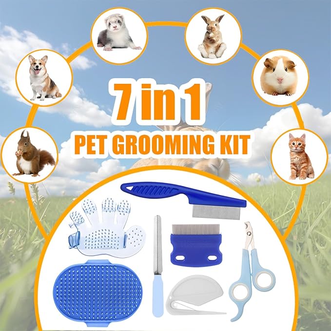 Rabbit Grooming Kit – Bunny Grooming Kit with Shedding Brush, Nail Clippers & Comb – Small Animal Grooming Supplies for Rabbits, Guinea Pigs, Hamsters, Ferrets - Small Pet Shedding & Care (Blue)