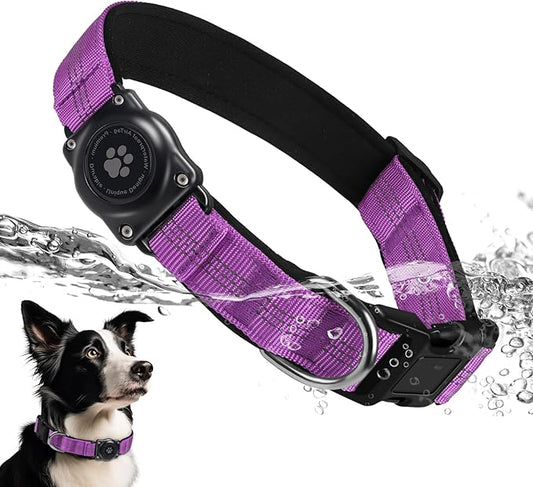 Upgraded AirTag Dog Collar, IP68 Waterproof Air Tag Dog Collar Holder, Reflective, Ultra-Durable, Comfortable Padded, Heavy Duty Dog Collars for Small Medium Large Dogs (S (10.6"-13.6"), Purple)