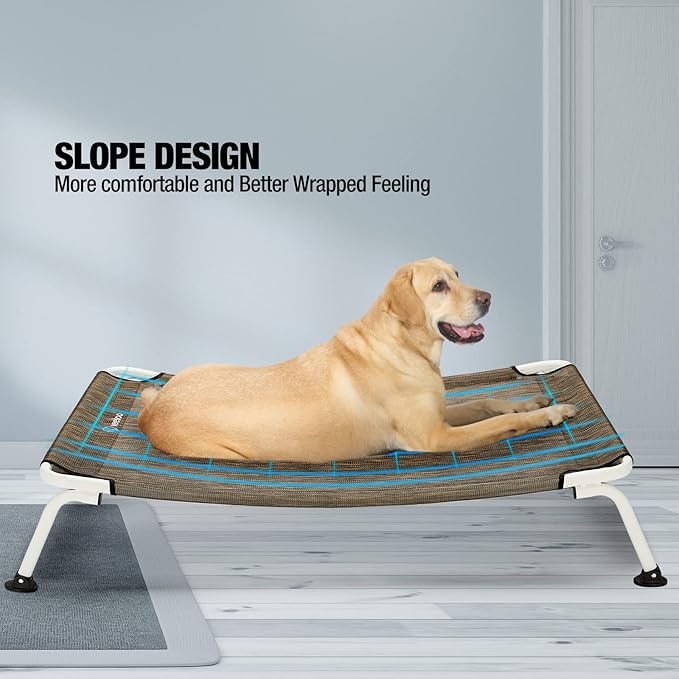 Veehoo Elevated Dog Bed for Outdoor, Cooling Waterproof Raised Dog Cots Beds for Large Dogs, Curved Off Ground Pet Hammock Cot Lifted for Outside, up to 85lbs, White Legs, Brown 42"