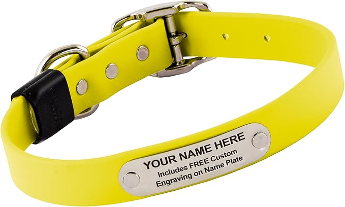 Biothane Custom Dog Collar – Waterproof, Stink-Proof Personalized Collar with Name & Phone Number – Durable, Many Sizes and Colors – Assembled in USA (Bright Yellow)