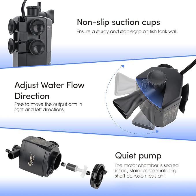 hygger Submersible Aquarium Power Filter 170 GPH for 15-30 Gallon Fish Tank Corner Internal Filter with Bio Ball Sponge 3-Stage Filtration System