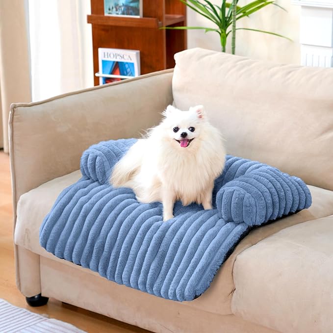 FUNNY FUZZY Pet Couch Cover for Sofa, Calming Dog Bed for Couch, Fluffy Plush Cat Bed Mat for Furniture Protector for Small Dogs and Kitten, 27×24 in, Blue