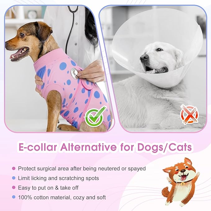 Kuoser Dog Surgery Recovery Suit, Anti Licking Pet Surgical Suit for Dogs Male Neuter, Female Dog Surgery Suit for Spay Subsititute E-Collar Cone, Dogs Body Suits After Surgery Pink Polka Dot XS