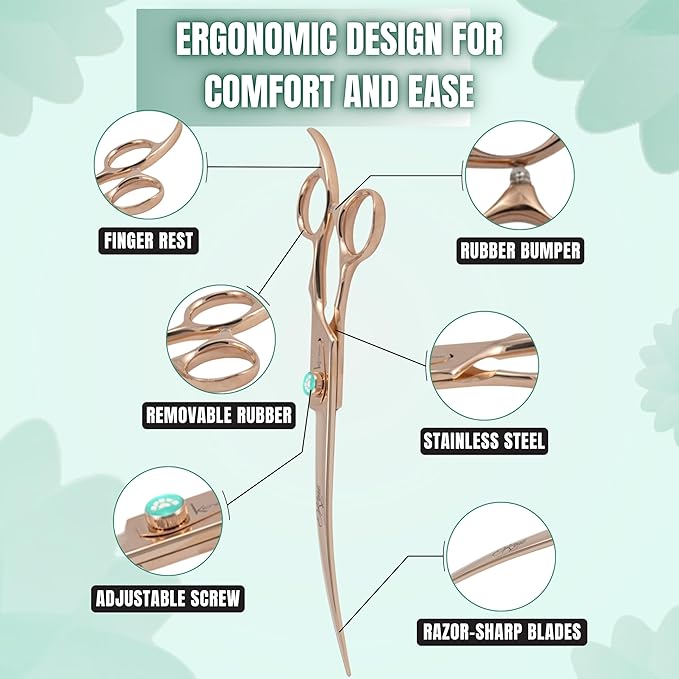 Kenchii Rose Dog Grooming Scissors, 8 Inch Curved Shears, Dog Scissors for Grooming, Ergonomic Design for Comfort and Precision, Heavy Duty, Durable and Sharp