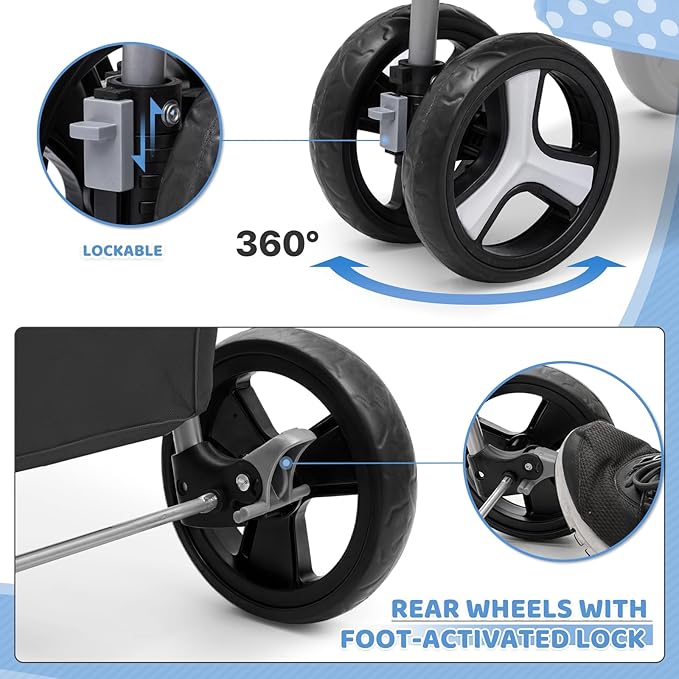 Magshion Foldable Pet Stroller, 3-in-1 Dog Travel Jogger with Detachable Carrier, Cup Holder, Storage Basket, Folding Carrier for Small/Medium Dogs & Cats Up to 33 lbs, Sky Blue Polka Dots