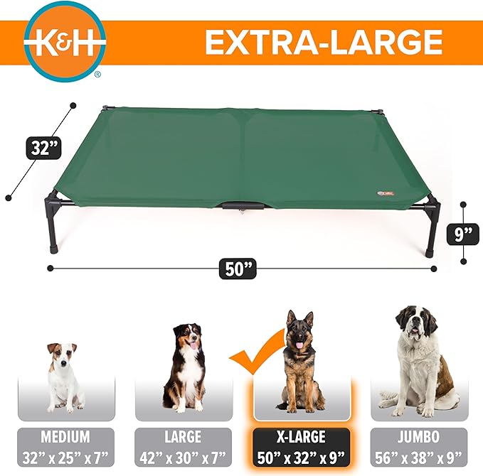 K&H Pet Products Outdoor Elevated Dog Cot, Cooling Raised Bed with Waterproof Breathable Mesh for Large Dogs, Portable Pet Bed with Heavy-Duty Metal Frame, Oversized Hammock Style - Extra-Large Green