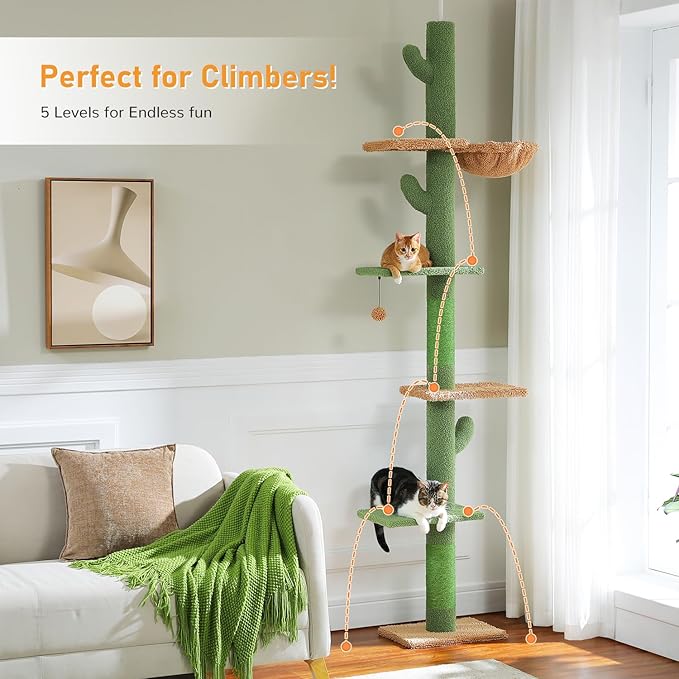 PAWZ Road Cat Tree, Cactus Floor to Ceiling Cat Tower with Adjustable Height(95-108 Inches), 5 Level Cat Climbing Tower with Cozy Hammock, Platforms and Dangling Balls for Indoor Cats